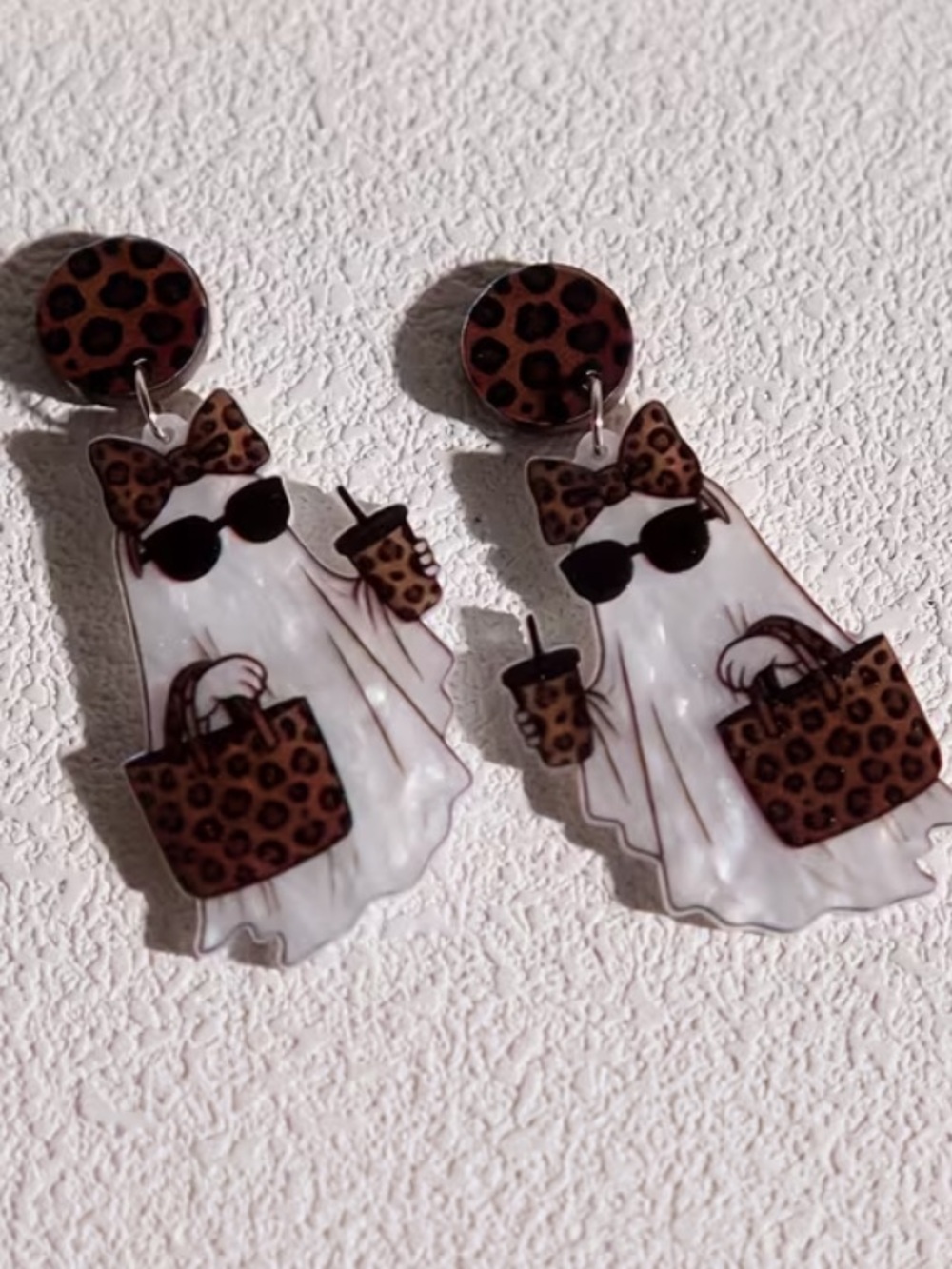 Halloween Leopard Print Acrylic Ghost Pierced Earrings - Picture 4 of 5